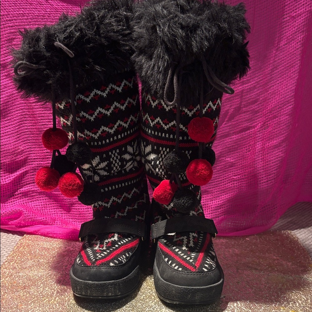 Juicy Couture Black and Red Knit Boots with Pom Pom's